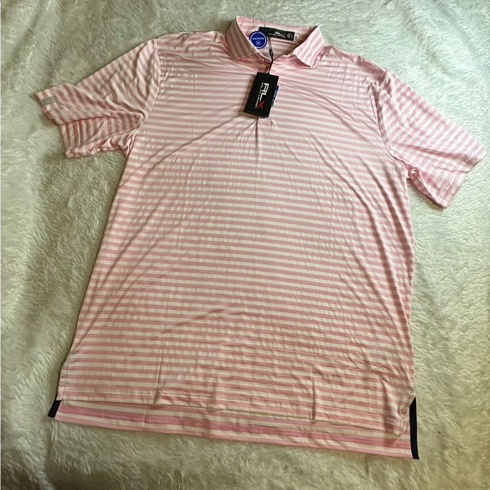 RLX Ralph Lauren Wicki Performance Golf Polo Shirt pink and white stripe Sz L